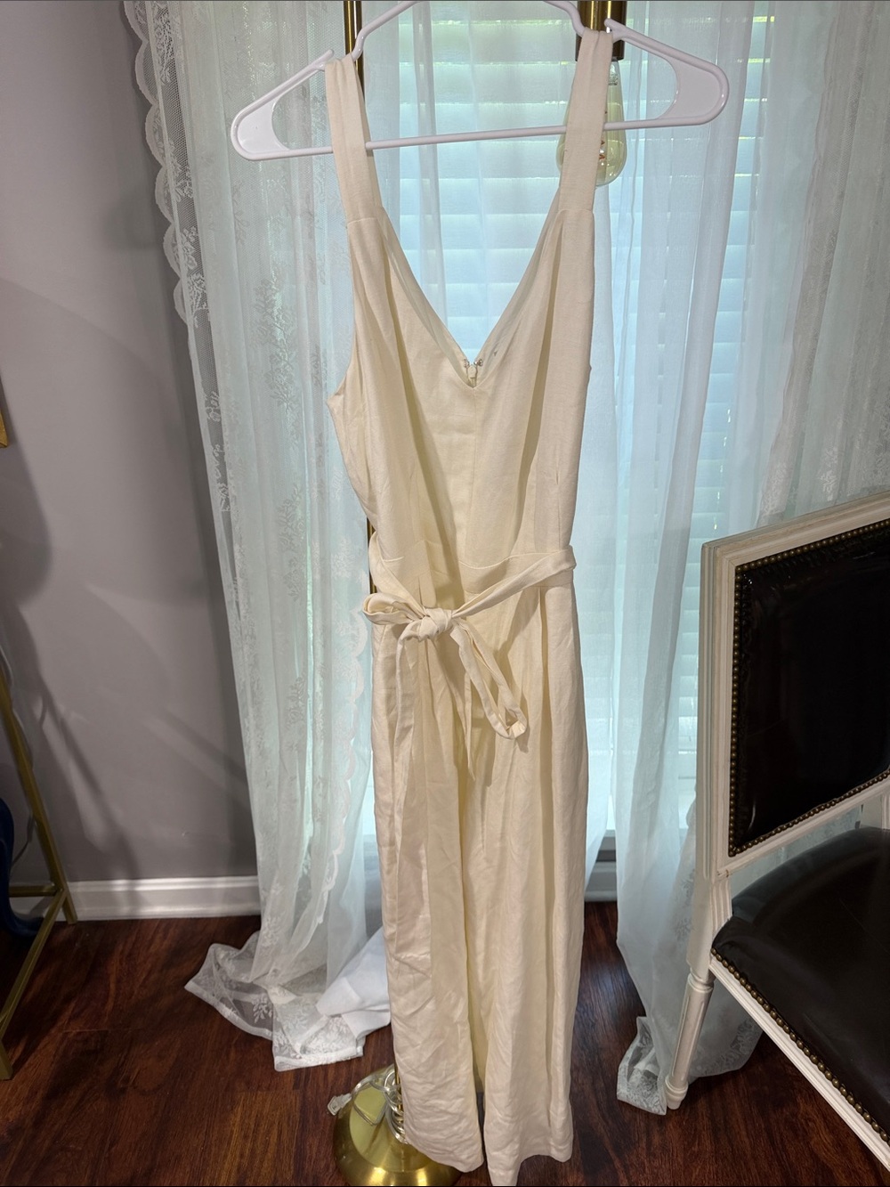 LOFT Cream Sleeveless V-Neck Jumpsuit with Waist Tie